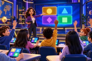 Illustration of a teacher leading an interactive classroom quiz