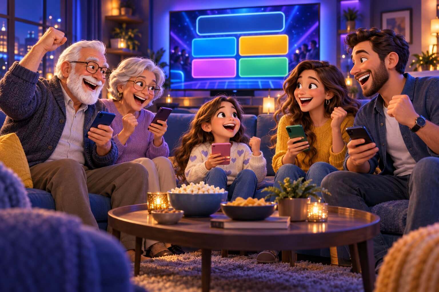 Illustration of a multigenerational family enjoying a quiz night together