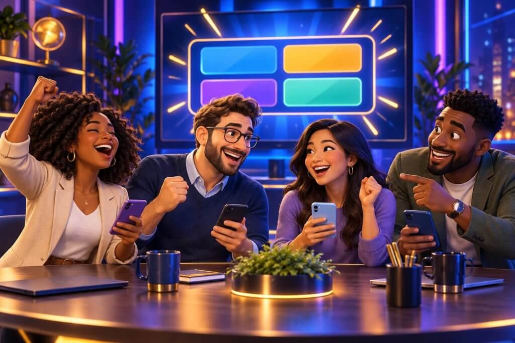 Illustration of coworkers enjoying a team building quiz together