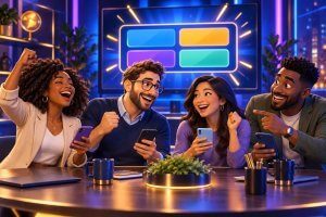 Illustration of coworkers enjoying a team building quiz together